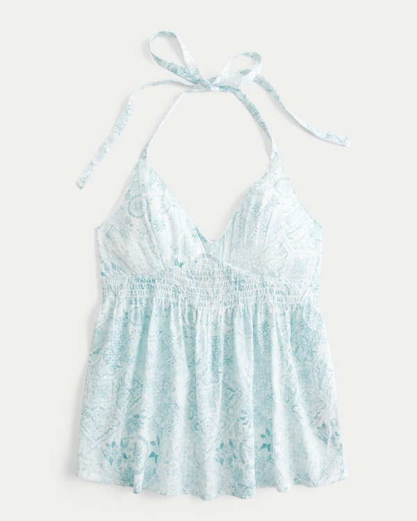 Woven Halter Babydoll Top, Turquoise Print view 1