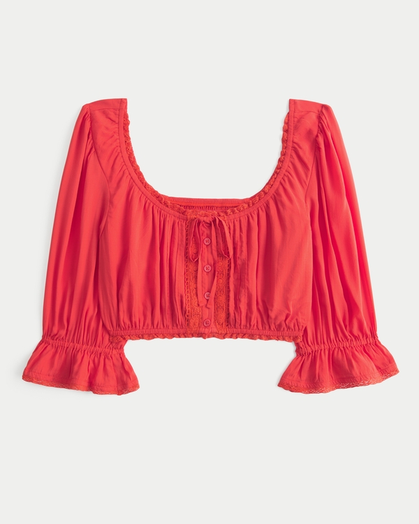 Three-Quarter Sleeve Mini Crop Top, Red Orange view 1