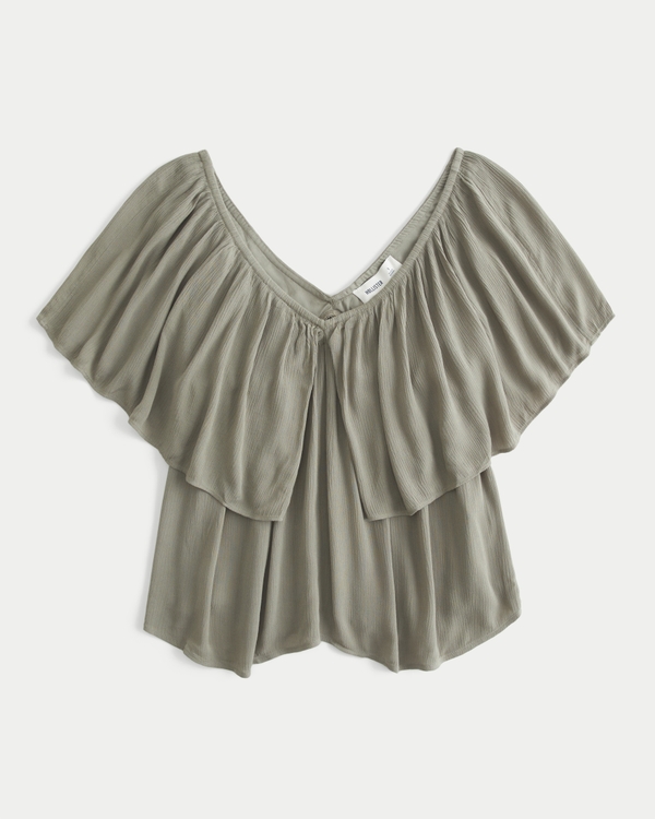 Flutter Sleeve Babydoll Blouse, Olive Green view 1