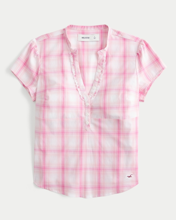Short-Sleeve V-Neck Henley Shirt, Light Pink Plaid view 1