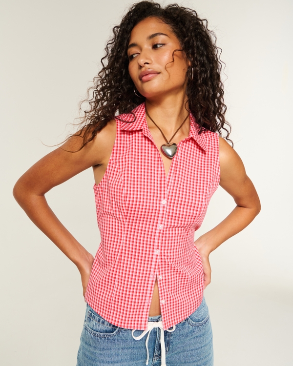 Button-Through Sleeveless Shirt, Red Check view 1