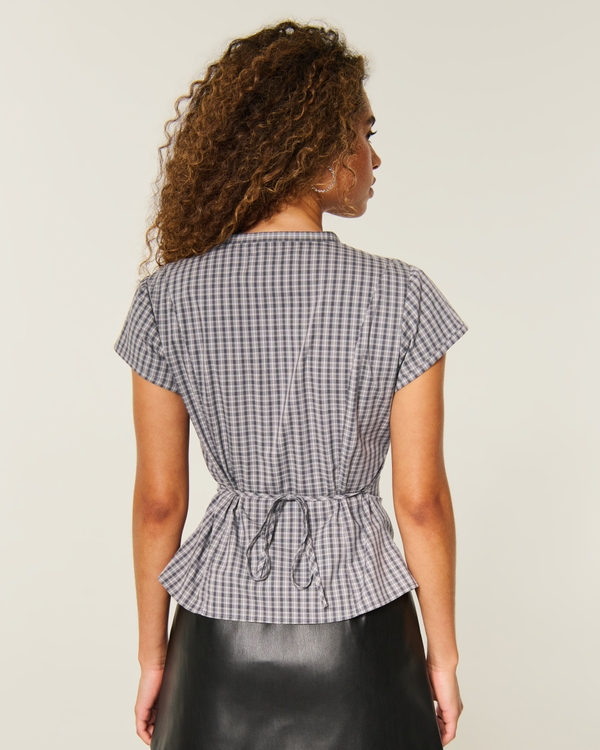 Short-Sleeve Keyhole Shirt, Grey Plaid view 2
