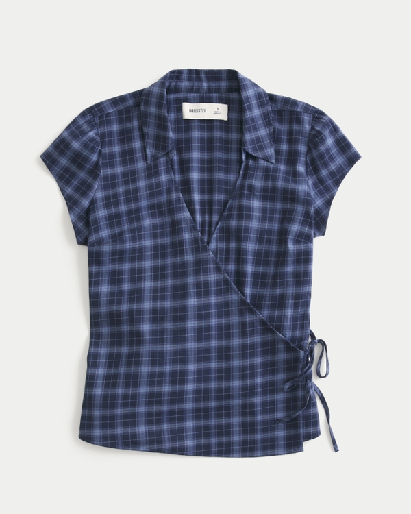 Short-Sleeve Wrap Shirt, Blue Plaid view 1