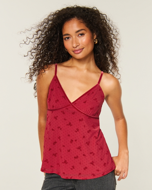Easy Velvet Trim Mesh Babydoll Cami, Red Floral view 1
