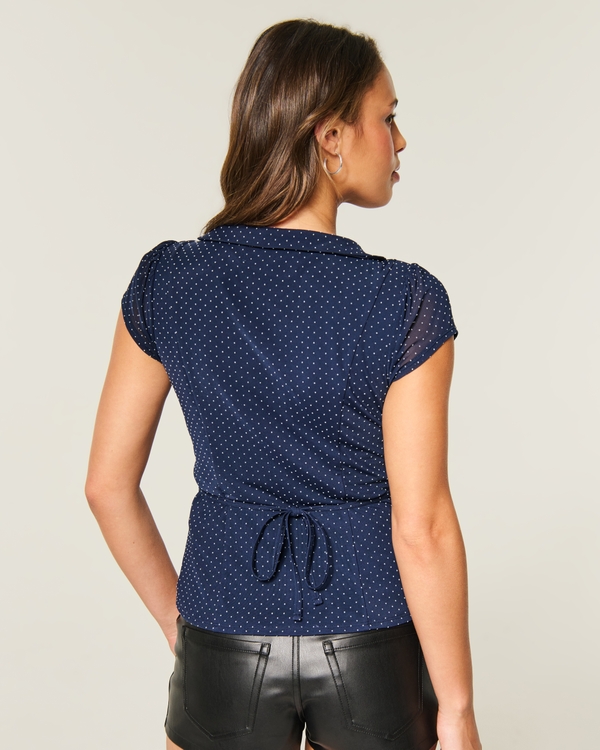 Short-Sleeve Mesh Peter Pan Collar Shirt, Navy Dot view 2