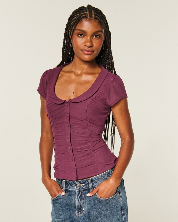 Short-Sleeve Mesh Peter Pan Collar Shirt, Burgundy view 1