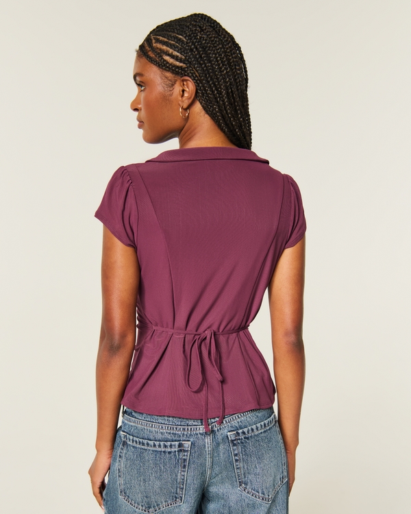 Short-Sleeve Mesh Peter Pan Collar Shirt, Burgundy view 2