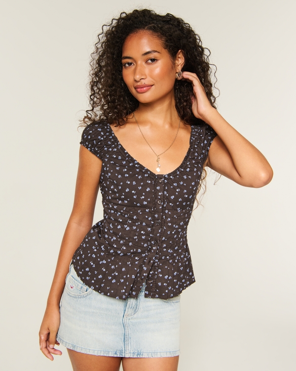 Short-Sleeve Pintuck Top, Brown Floral view 1
