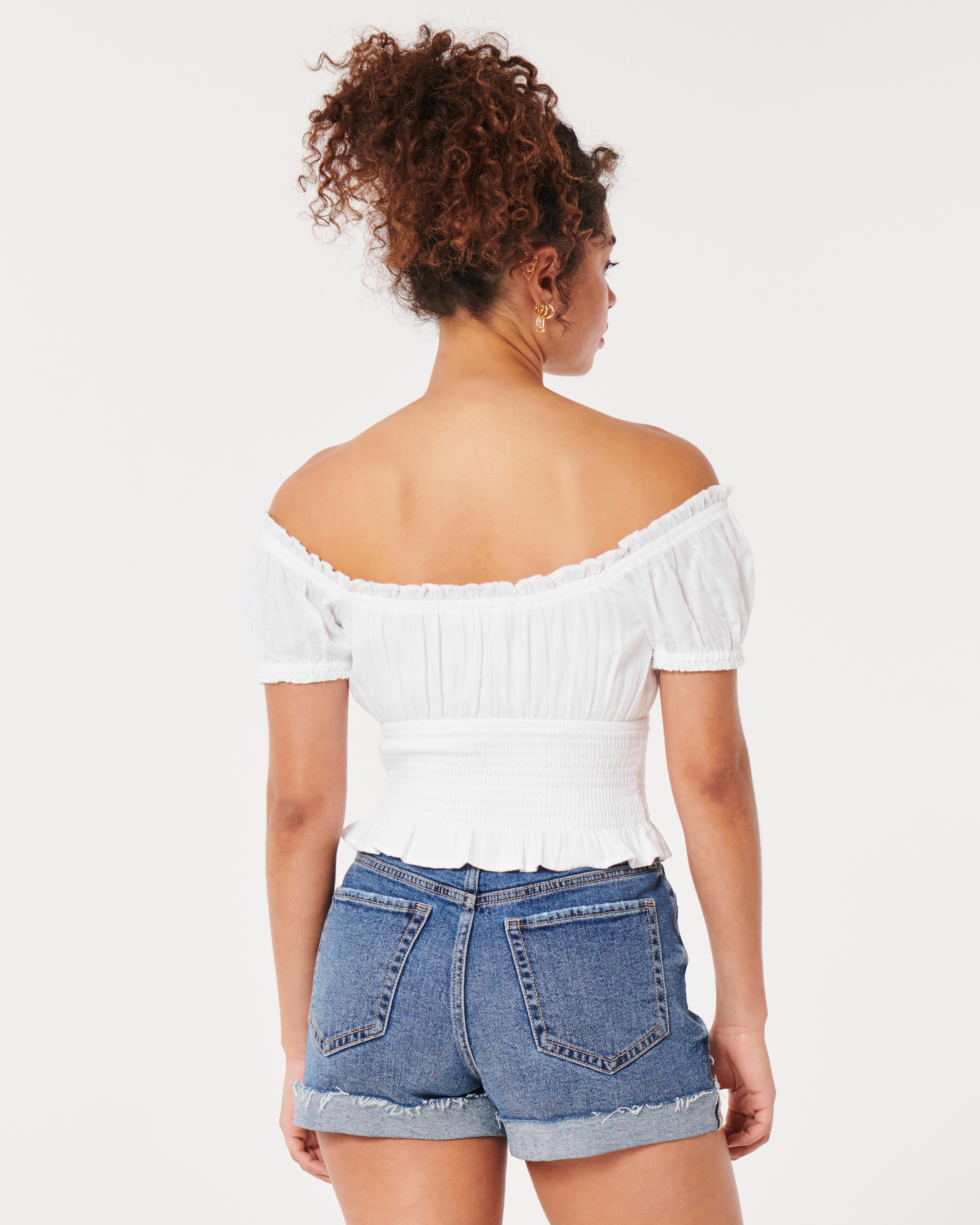 Hollister smocked off hotsell the shoulder crop top