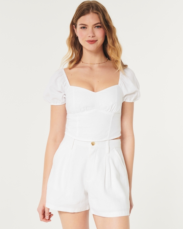 Short-Sleeve Linen-Blend Ruched Bust Top, White