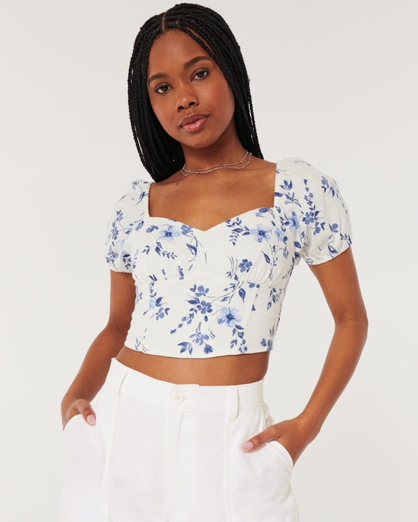 Hollister shirred strappy top in white / blue ditsy print