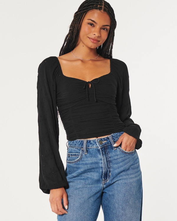 Long-Sleeve Ruched Waist Top, Black