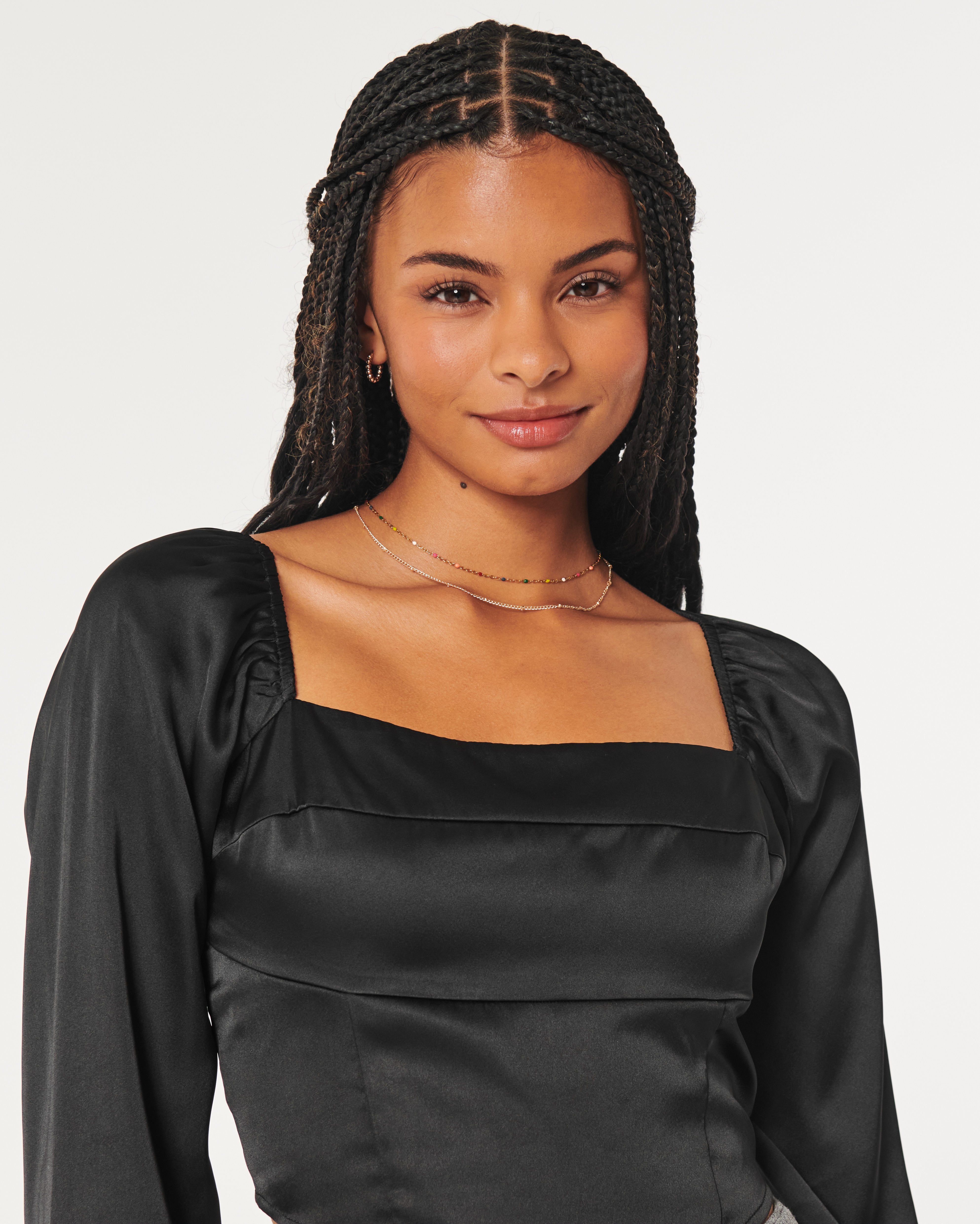 Long-Sleeve Satin Square-Neck Top