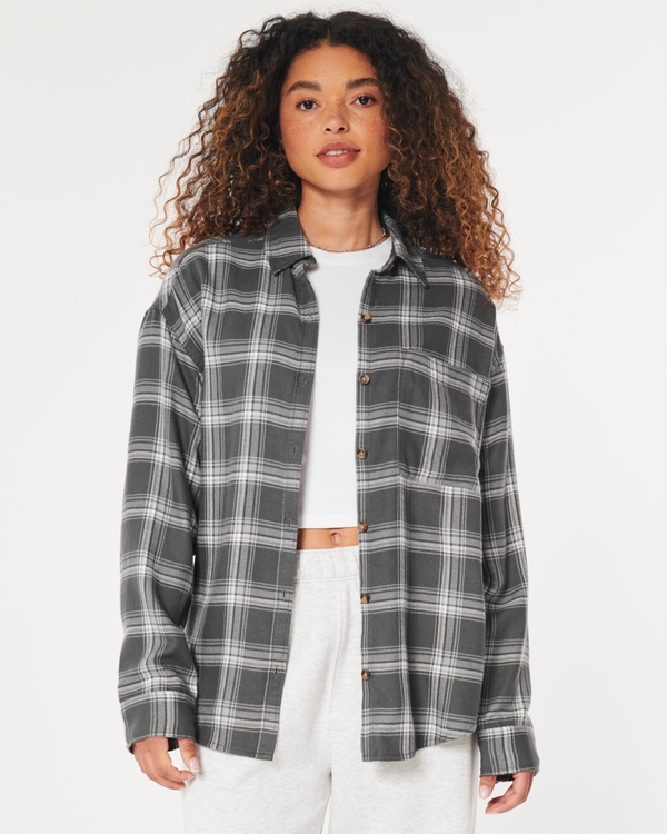 Easy Plaid Button-Through Shirt, Dark Grey Plaid