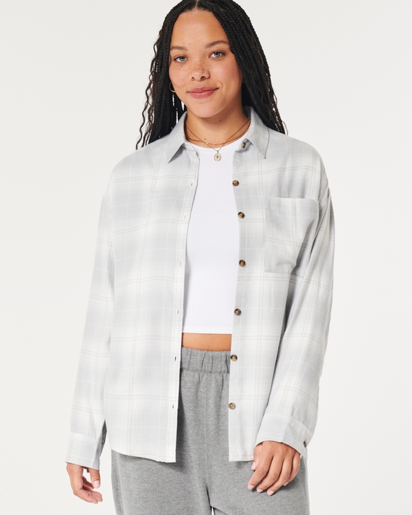 Oversized Flannel Shirt, Light Grey Plaid