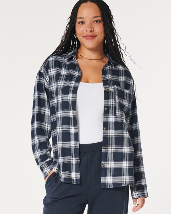 Oversized Flannel Shirt, Navy Blue Plaid