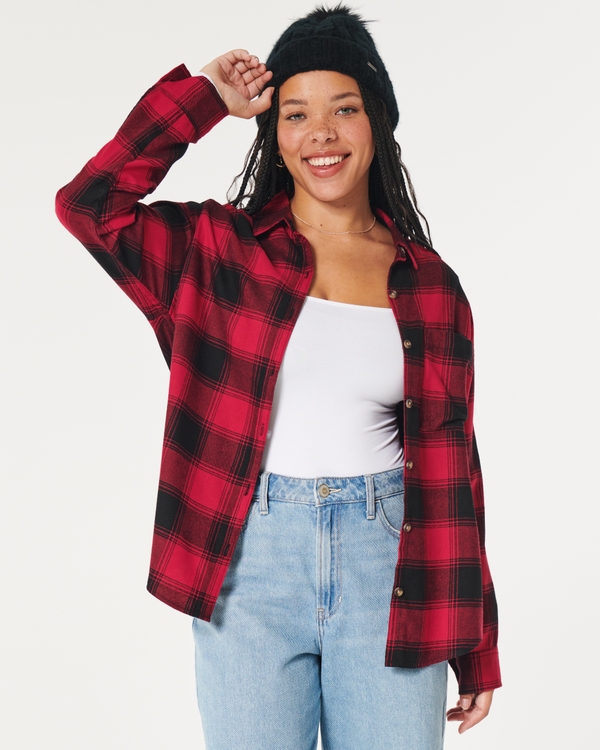 Oversized Flannel Shirt, Red Plaid