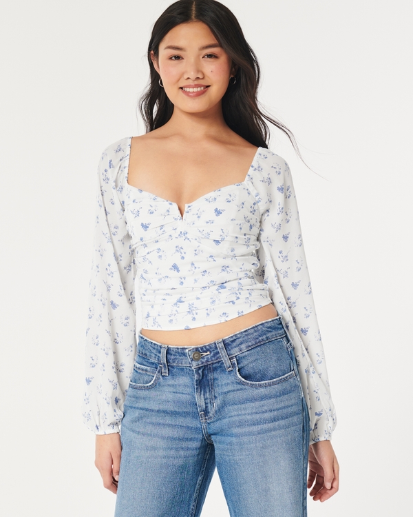 Long-Sleeve Notched Neck Ruched Top, White Floral