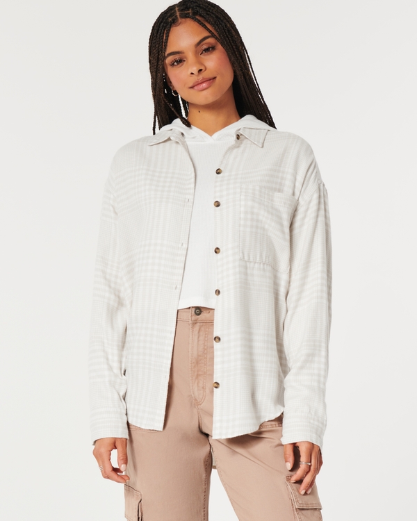 Oversized Flannel Shirt, Cream Plaid