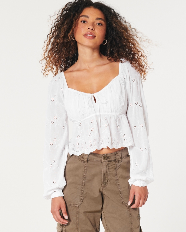 Hollister Long Sleeve Babydoll Blouse In White for Women