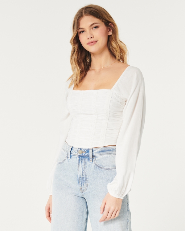 Long-Sleeve Ruched Top, White