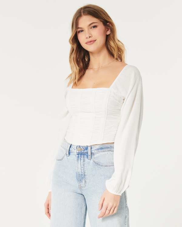 Hollister Long Sleeve Babydoll Blouse In White