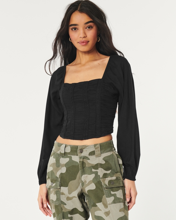 Long-Sleeve Ruched Top, Black