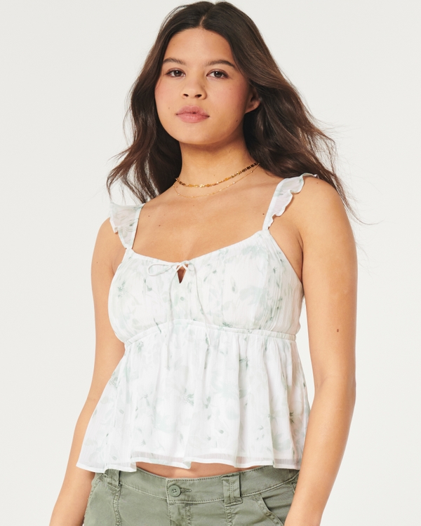 Chiffon Babydoll Top, White Floral