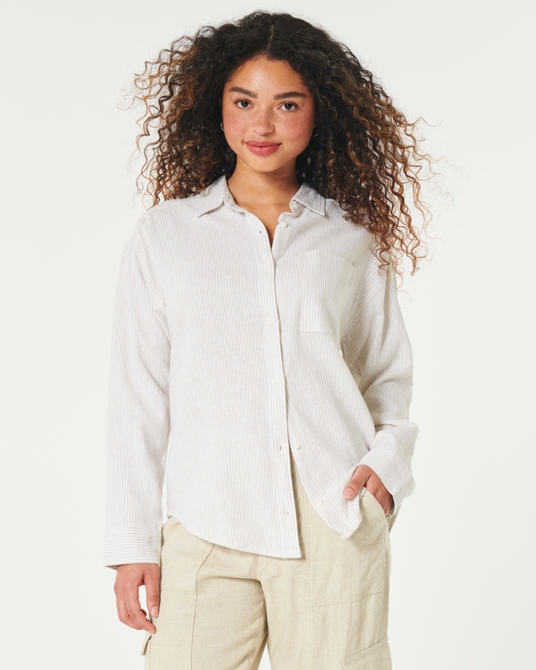 HOLLISTER Varsity Striped Button up Shirt Casual Top Beige White Women's  Medium