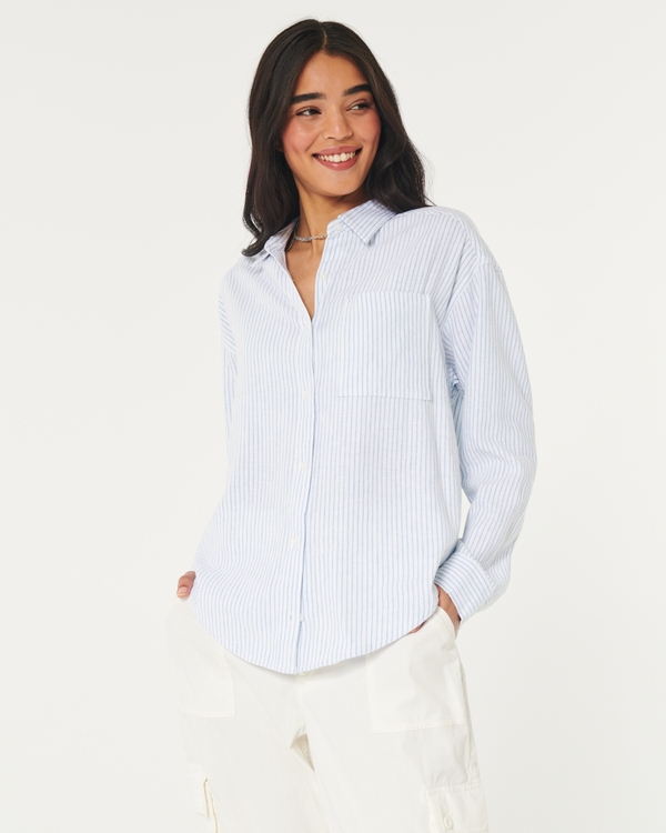 Hollister Women Striped Button Down Shirt Top Size XS Blouse Ruffled Blue  White