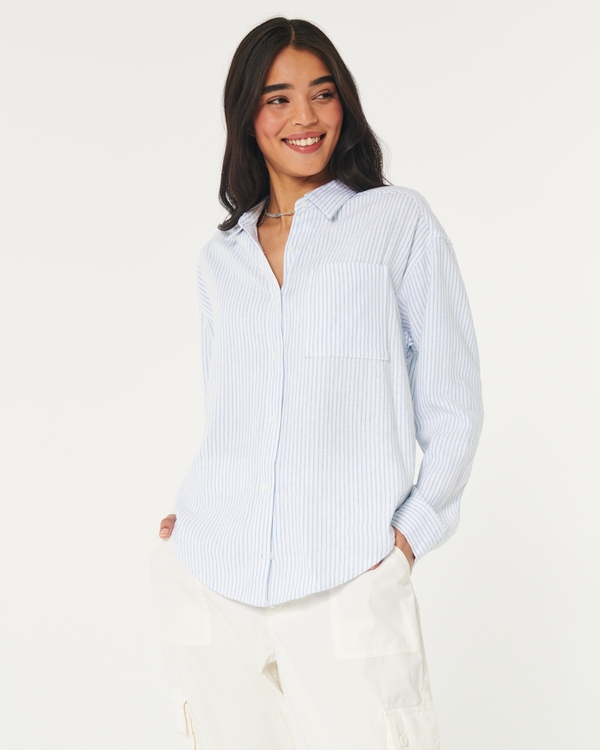 Hollister, Shirts, Hollister Striped Blue Linen Button Down Shirt