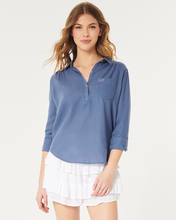 Oversized Cotton Popover Shirt, Blue