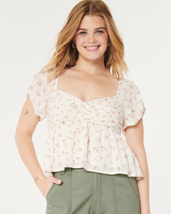 Hollister Long Sleeve Babydoll Blouse In White for Women