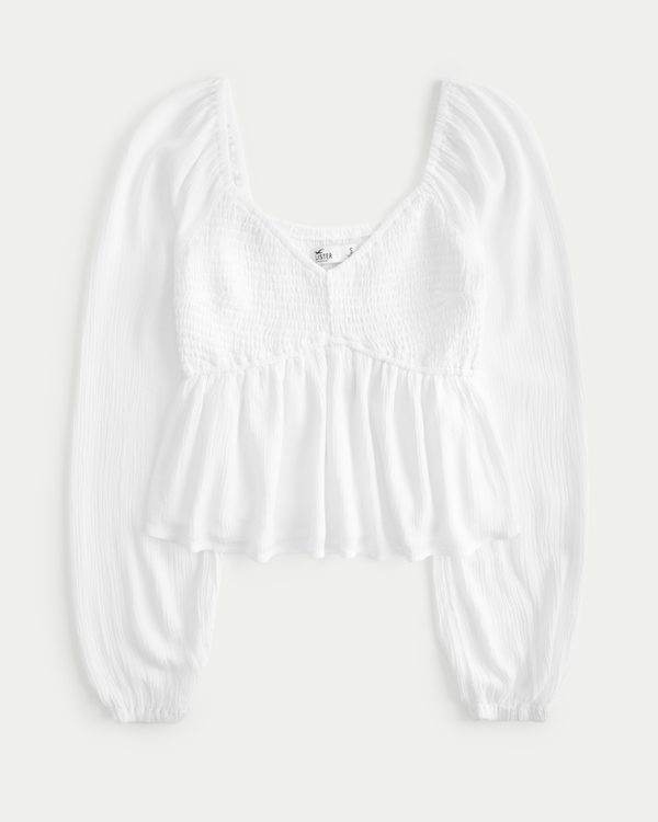 Hollister long sleeve top with ruched waist in white