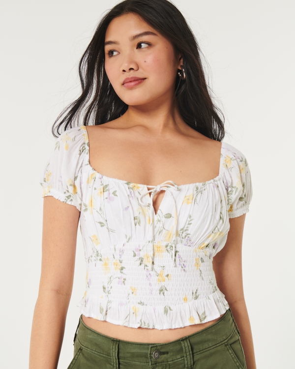 Hollister Women NWT Puff Sleeve Crop Top White Yellow Floral Size XSmall XS  New