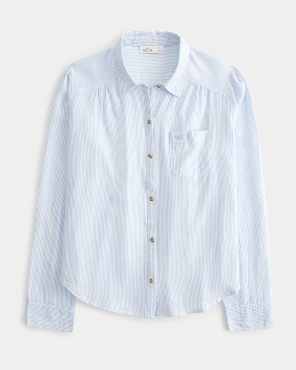 Hollister Women Button Down Long Sleeve Shirt Blue White Stripe