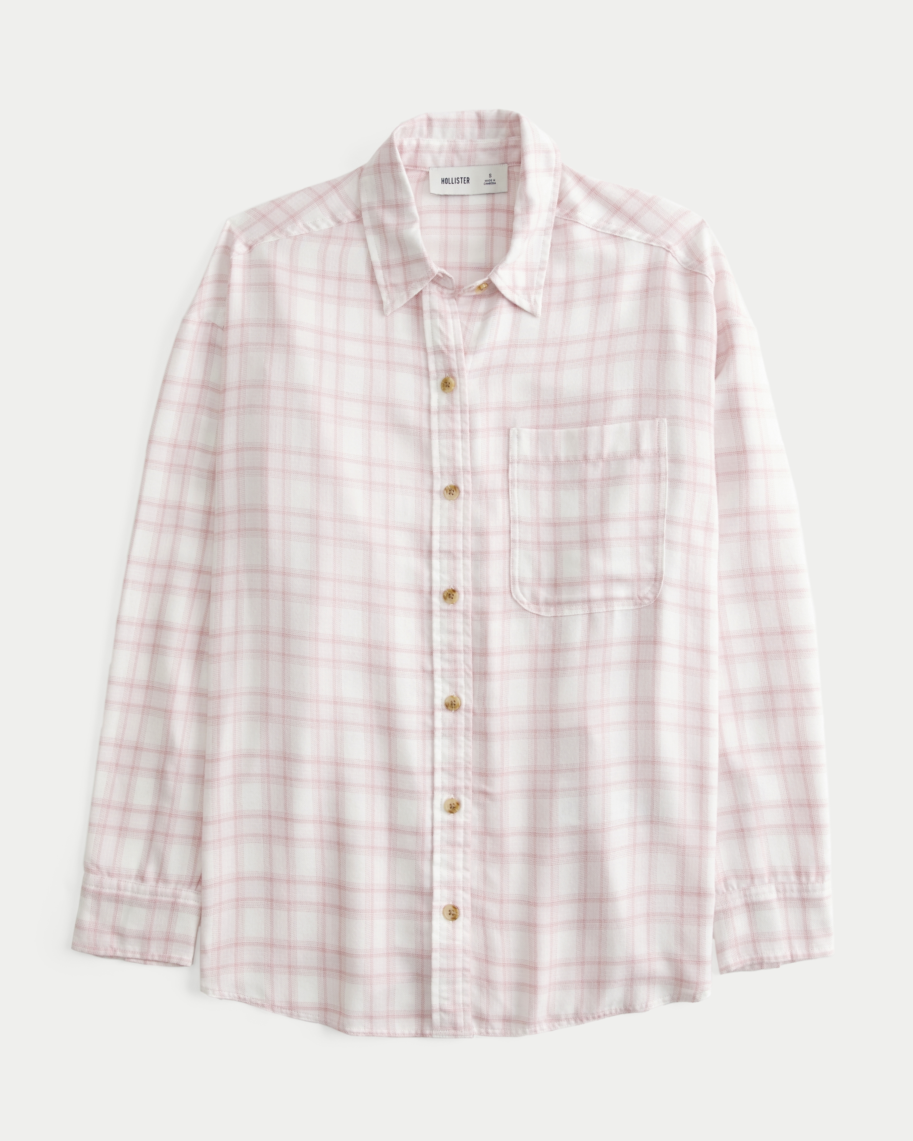 Women s Oversized Flannel Shirt in Light Pink Plaid Size L from Hollister