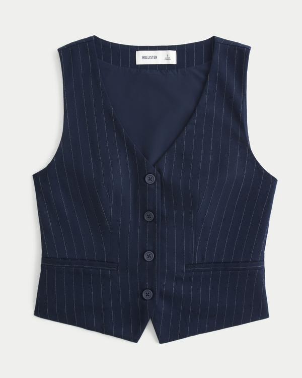 Longer-Length Button-Through Vest, Navy Blue Stripe