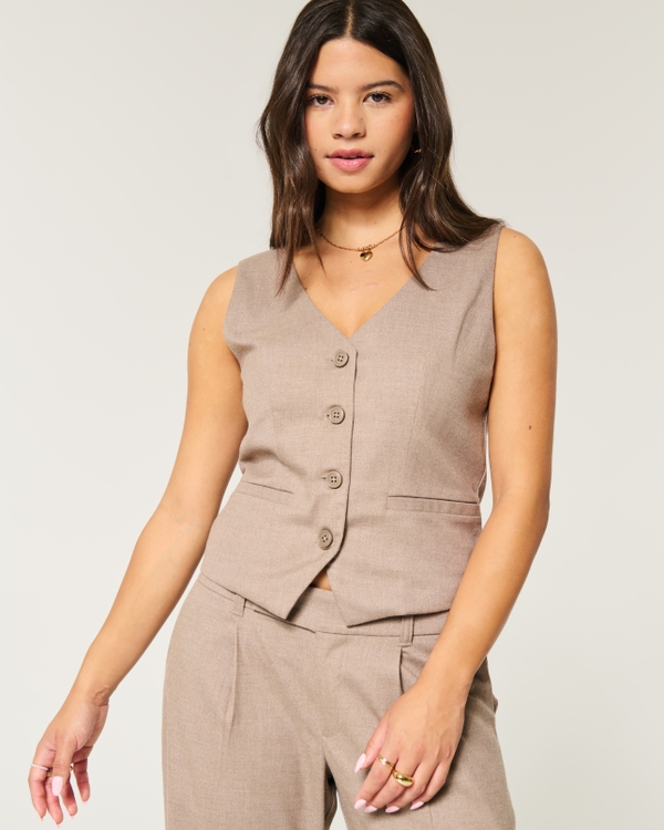 Longer-Length Button-Through Vest, Light Brown Heather