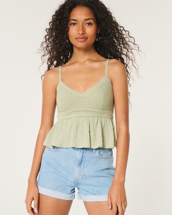 Easy Crochet-Style Babydoll Top, Sage Green view 1
