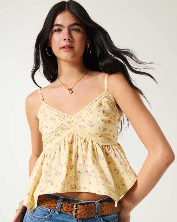 Top babydoll estilo easy fit con ribete de encaje, Floral Amarillo Mantequilla view 1