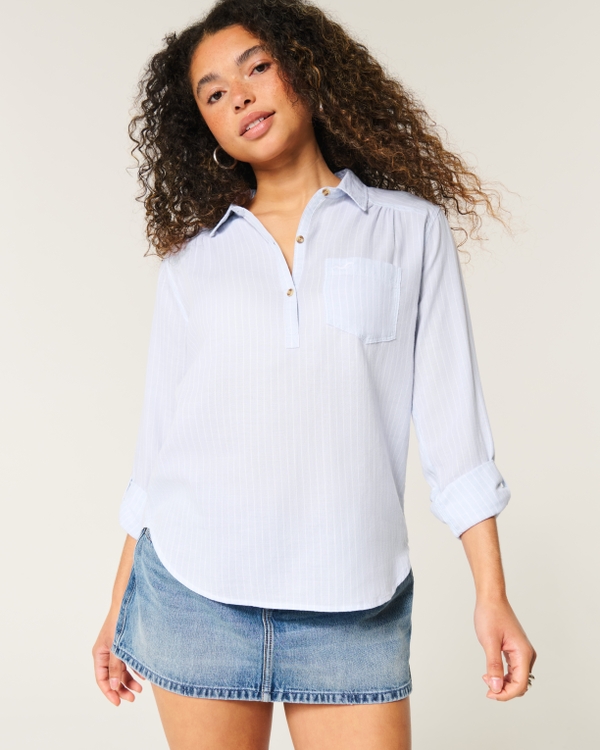 Easy Cotton Popover Shirt, Blue Frost Stripe view 1