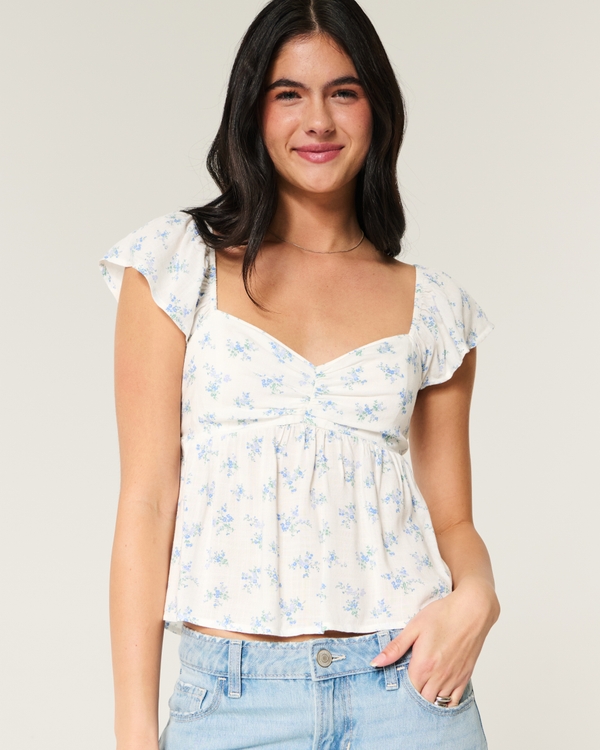 Easy Flutter Sleeve Babydoll Top, White/blue Pattern view 2