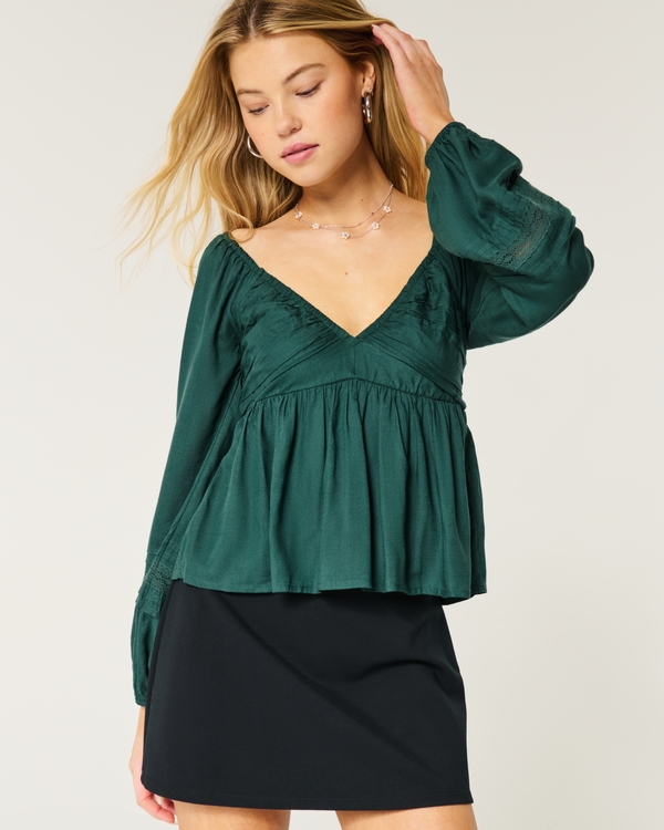 Easy Ruched Bust Babydoll Top, Dark Emerald view 1