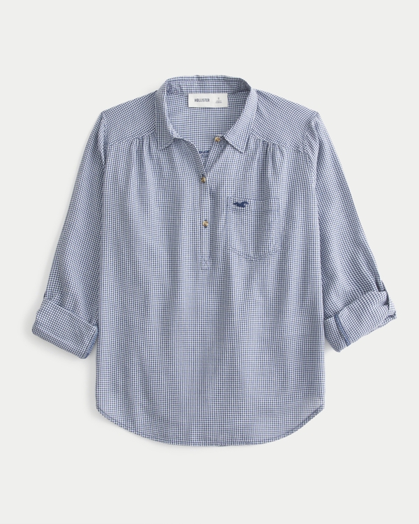 Cotton Popover Shirt, Navy Blue Check view 1