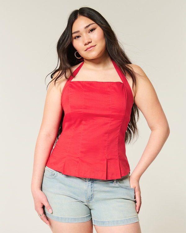 Pleated Open-Back Halter Top, Cherry Red view 1