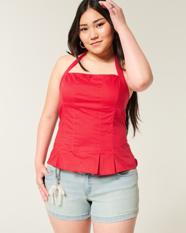 Pleated Open-Back Halter Top, Cherry Red view 2