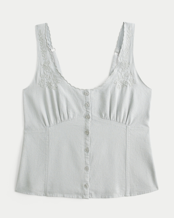 Linen Blend Button-Through Top, Grey Green view 1