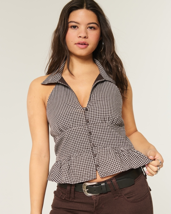 Collared Halter Blouse, Espresso Check view 2