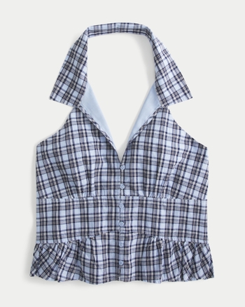 トップス Halterneck Checkjacquard Tops Women's Collared Halter Blouse | Women's Clearance